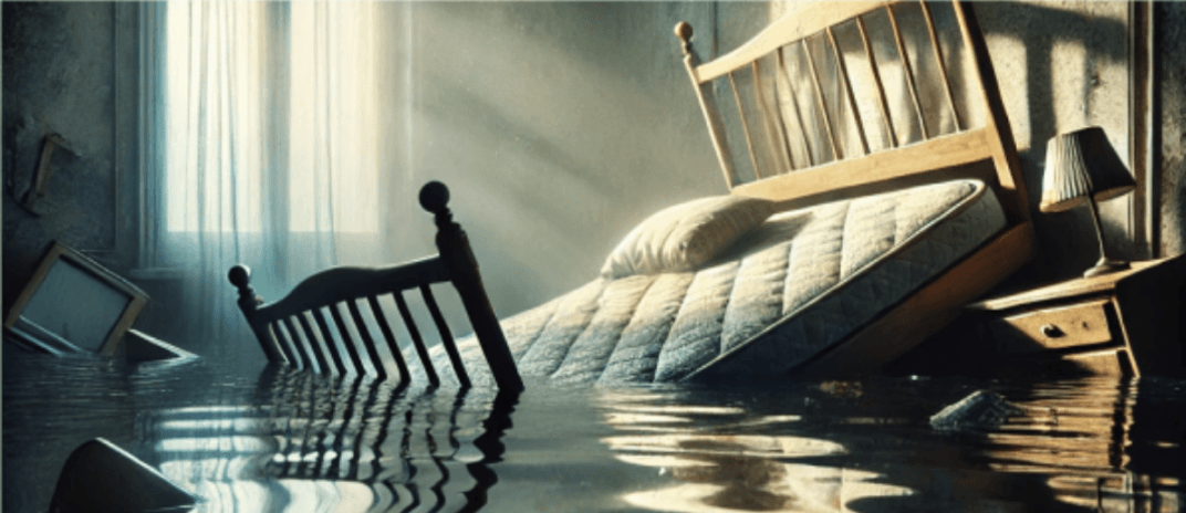 A bed broken and partially submerged in water within a flooded room. Dream Interpretation Bed Broken by Water: Meaning and Insights