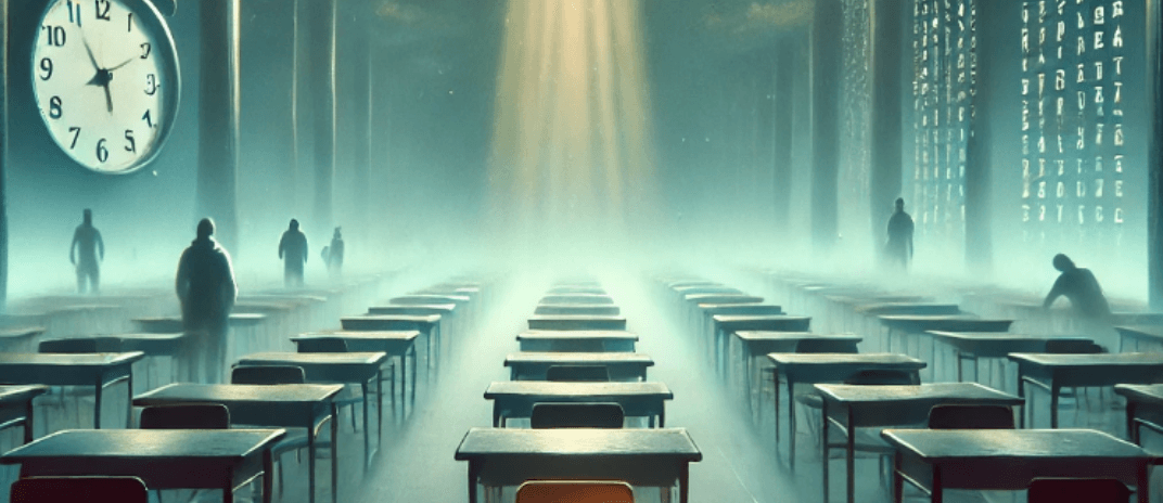 A surreal classroom with misty desks, a glowing beam on a single paper, and an ominous clock, evoking the dream-like tension of taking an exam.