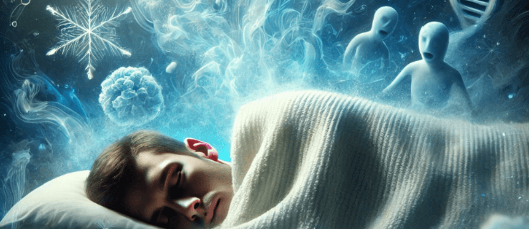 A dreamy illustration of a person sleeping under a blanket, surrounded by mist and abstract shapes symbolizing cold and stress. Dream About Catching A Cold: Dream Interpretation and Insights Dream About Catching A Cold: Dream Interpretation and Insights