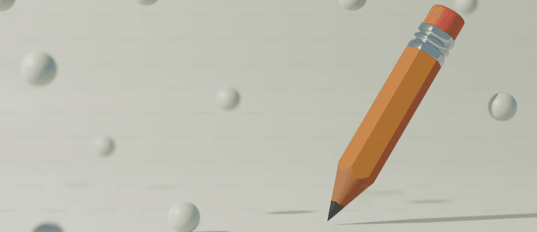Floating pencil with white spheres in a dreamlike scenario.