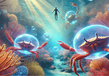 An underwater dreamscape featuring a person floating above a vibrant coral reef, surrounded by giant translucent crabs with glowing, multicolored shells. Sunlight streams through the water, adding an ethereal glow to the surreal setting.