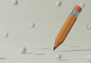 Floating pencil with white spheres in a dreamlike scenario.