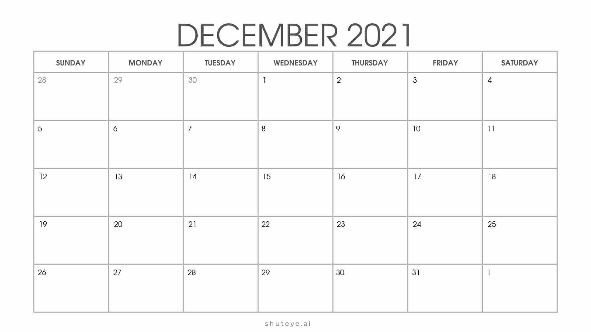 Printable December Calendar 2021 | Free Printable Calendars - ShutEye