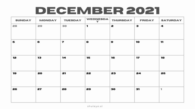 Printable December Calendar 2021 