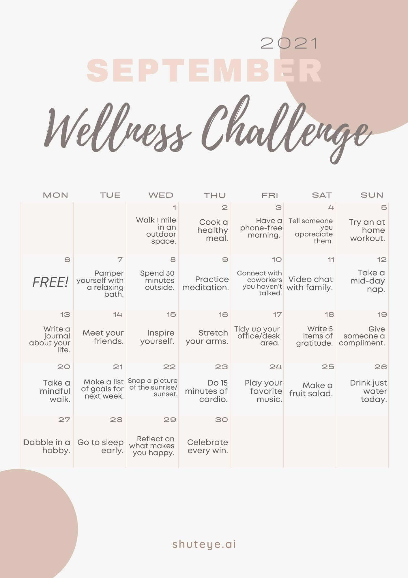 30 Day Wellness Challenge Calendar Ideas Free And Effective Shuteye