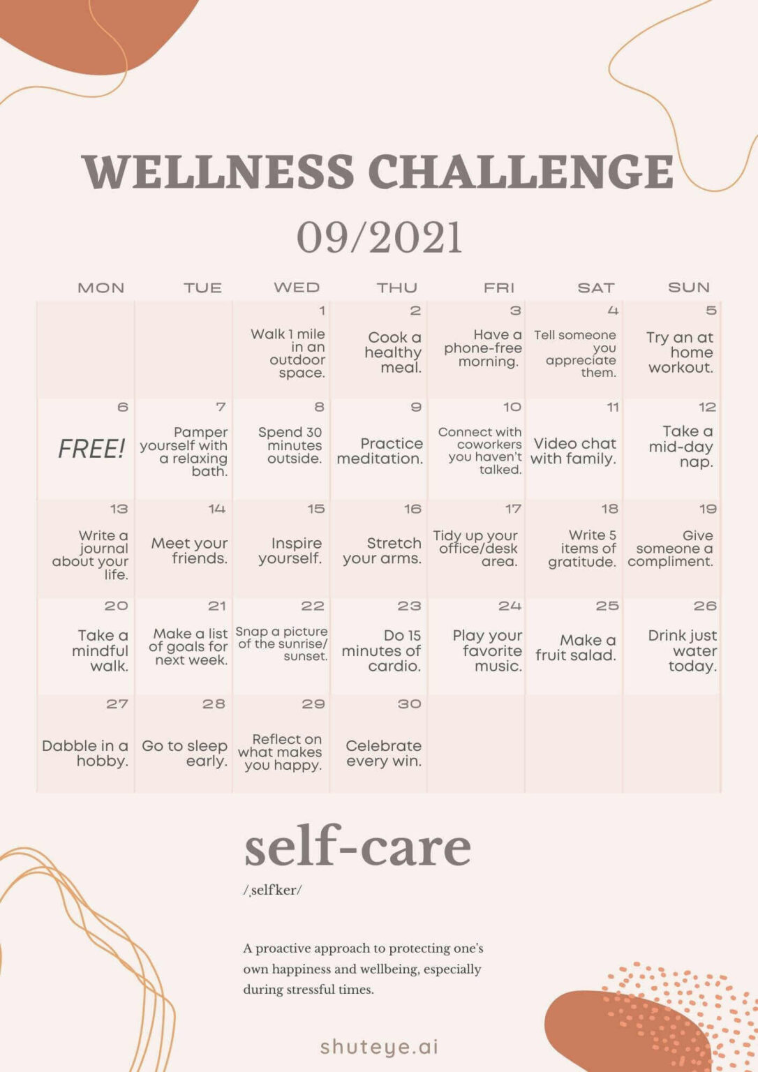 30 Day Wellness Challenge Calendar Ideas | Free & Effective! - ShutEye