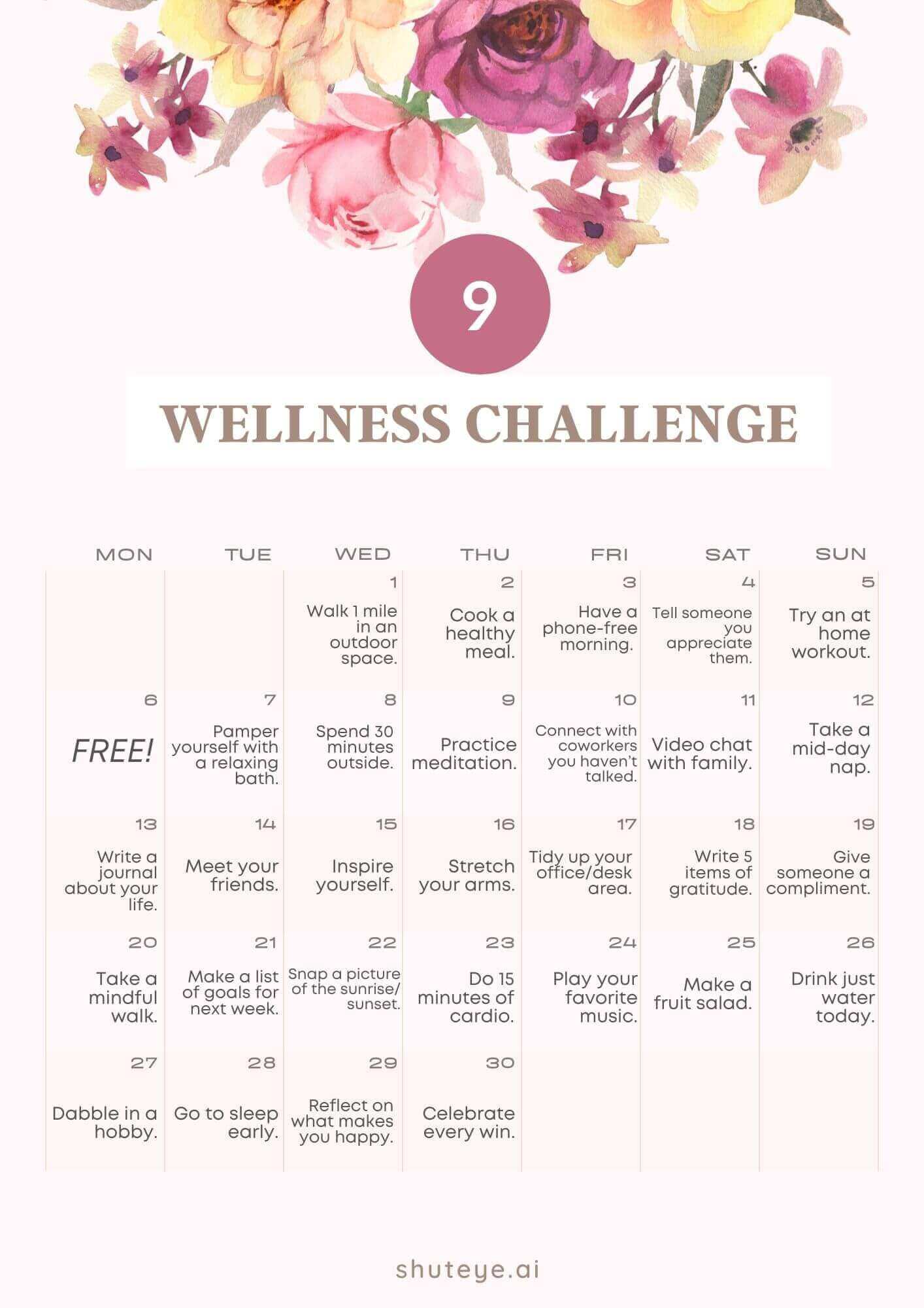 30 Day Wellness Challenge Calendar Ideas | Free & Effective! - ShutEye