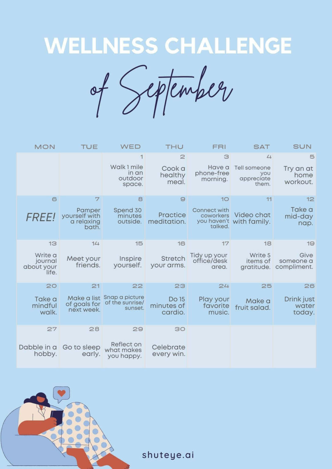 30 Day Wellness Challenge Calendar Ideas Free & Effective! ShutEye