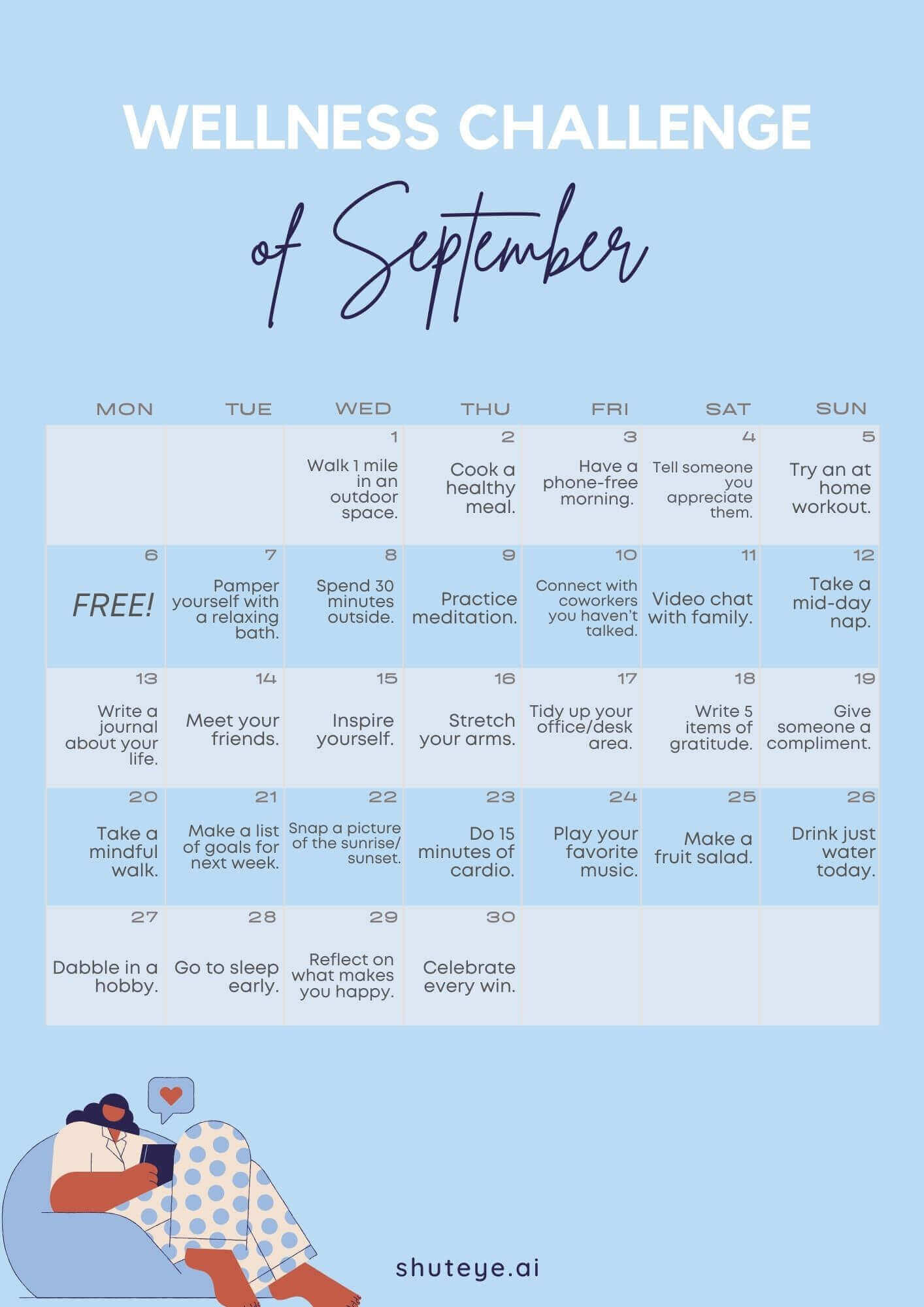 30 Day Wellness Challenge Calendar Ideas Free Effective ShutEye