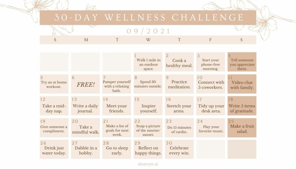 ShutEye 30 Day Wellness Challenge Calendar Ideas