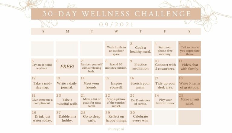 30 Day Wellness Challenge Calendar Ideas | Free & Effective! - ShutEye