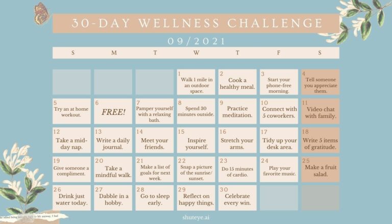 30 Day Wellness Challenge Calendar Ideas | Free & Effective! - ShutEye