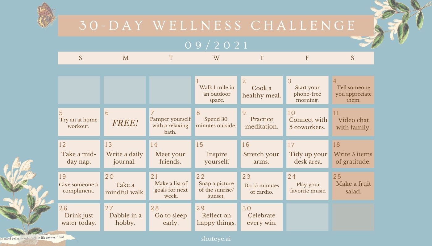 30 Day Wellness Challenge Calendar Ideas | Free & Effective! - ShutEye