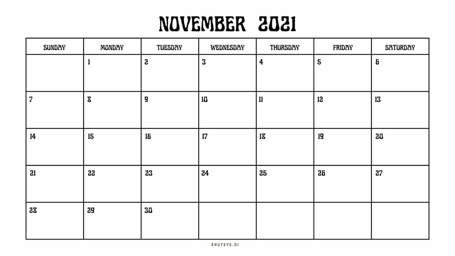 100+ Printable November Calendar Ideas | Free Calendars 2021 - ShutEye