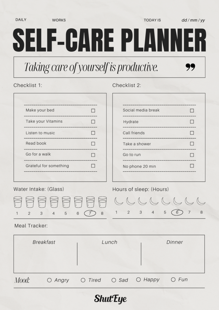 self care planner templates shuteye