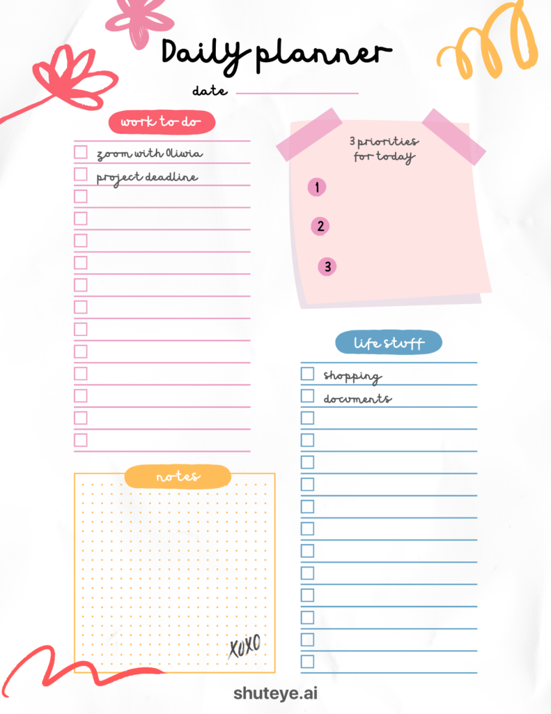 free printable template daily planner