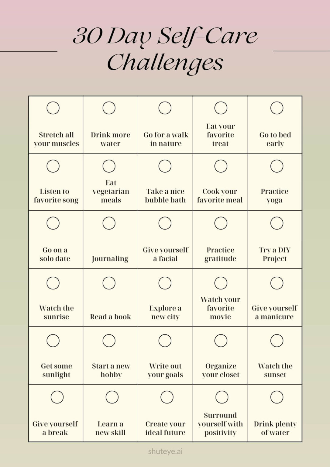 30-Day Self-Care Challenge Printables and Ideas - ShutEye