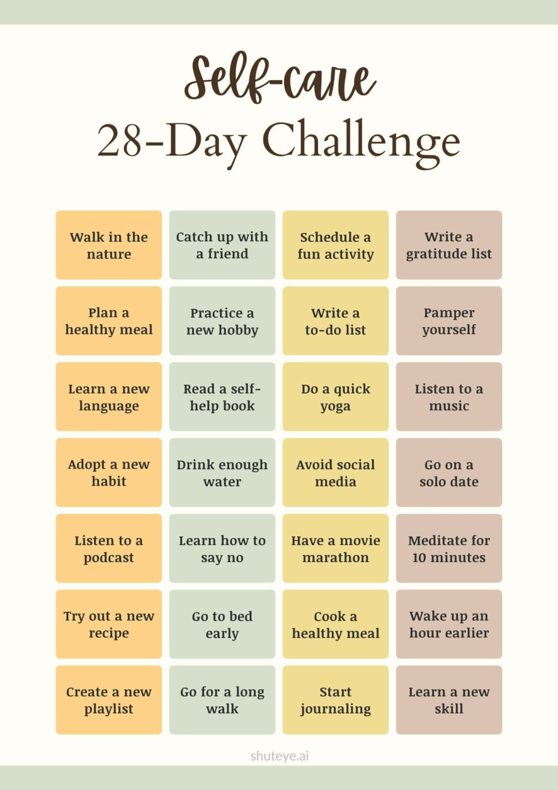 30 Day Self Care Challenge Printables And Ideas Shuteye