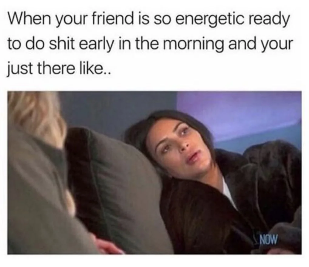 when you're friend is energetic ready to do shit early in the morning and you're like this meme