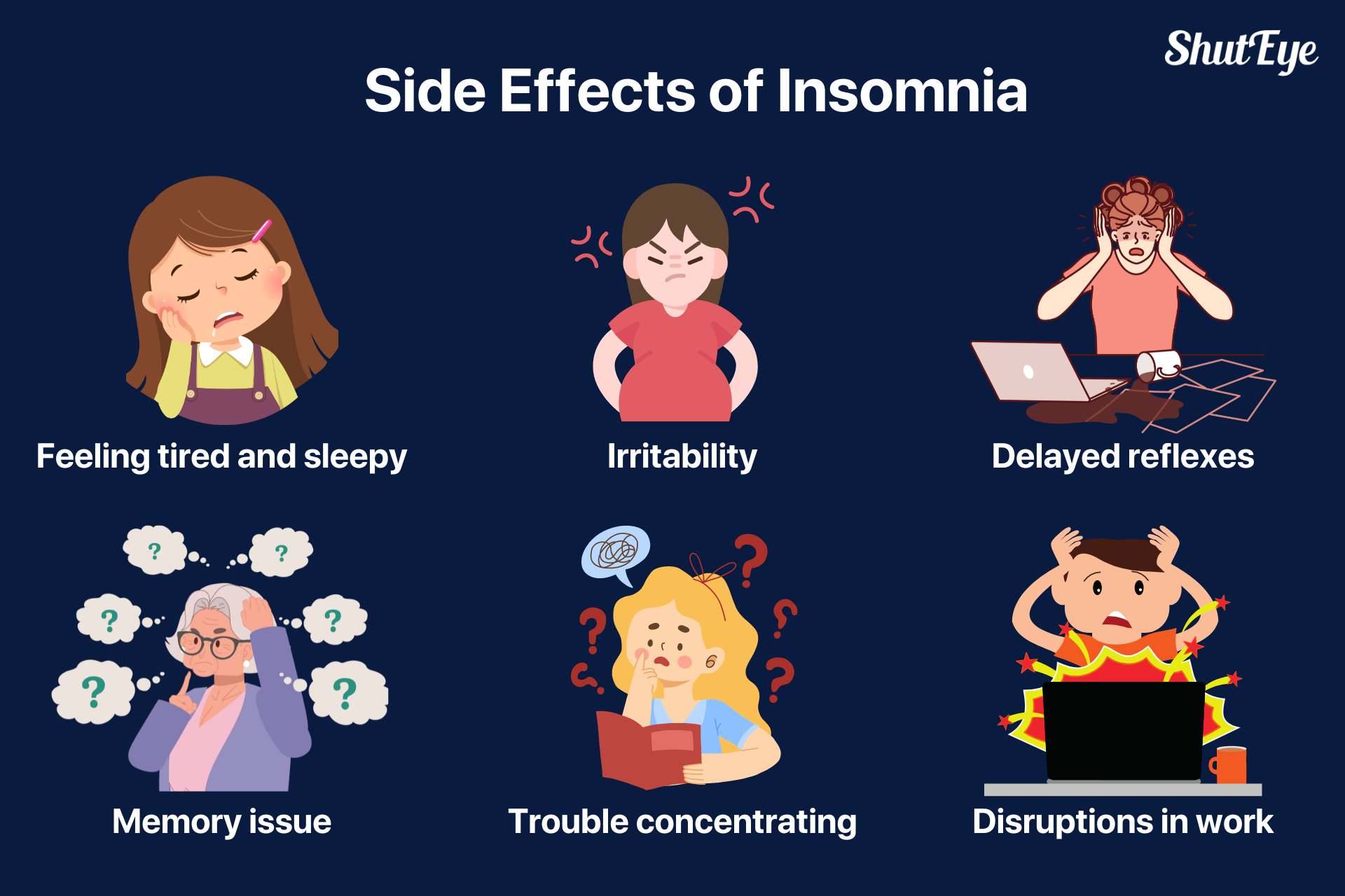 side effects of insomnia are sleepiness, irritability, delayed reflexes, memory issue, trouble concentrating and disruptions in work and social life
