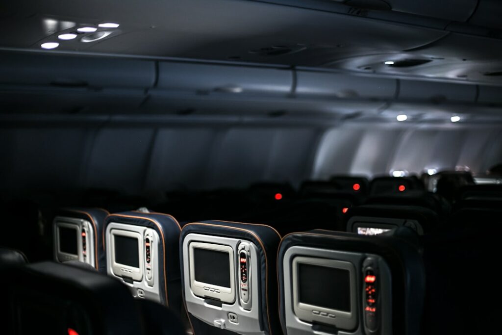 black and gray airplane seats
