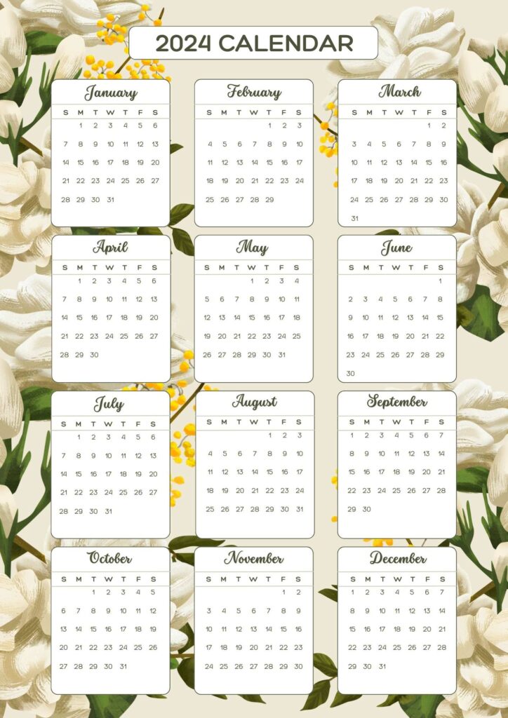 flowery printable calendar 2024