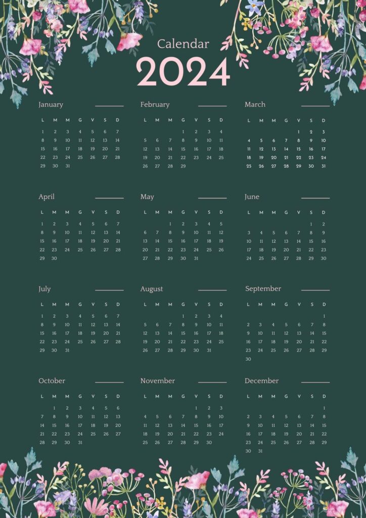 flower style green printable calendar 2024