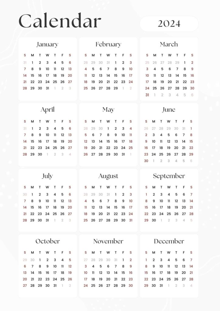 minimalistic white calendar 2024 to print