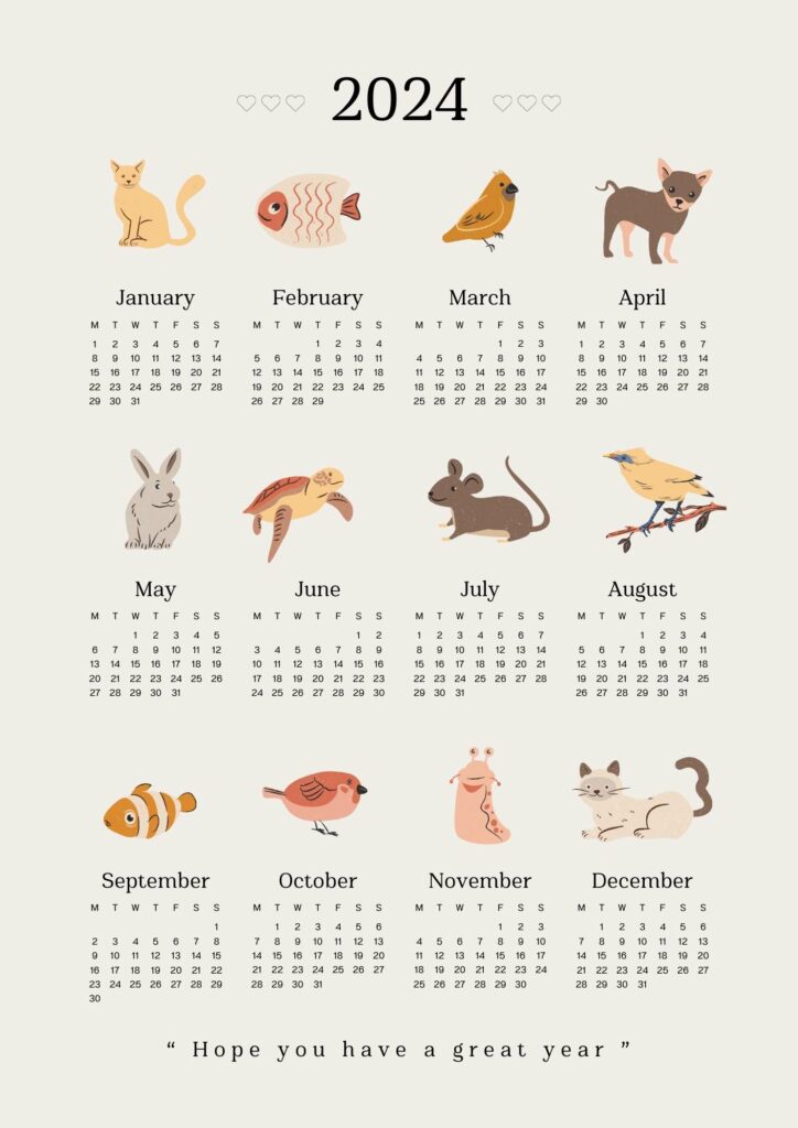 printable calendar 2024 with animals