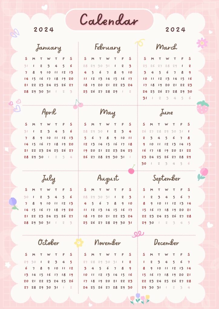 pink printable calendar 2024 to download