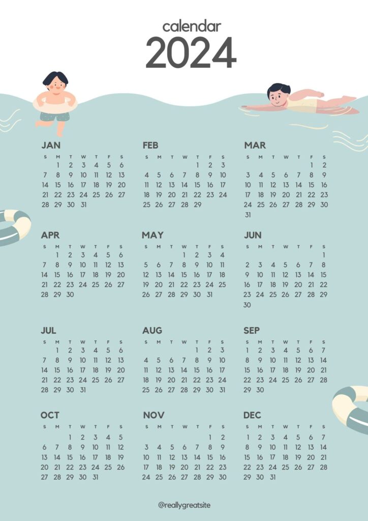 blue summery printable calendar 2024 to download