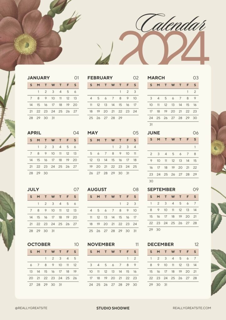 flower style printable calendar 2024