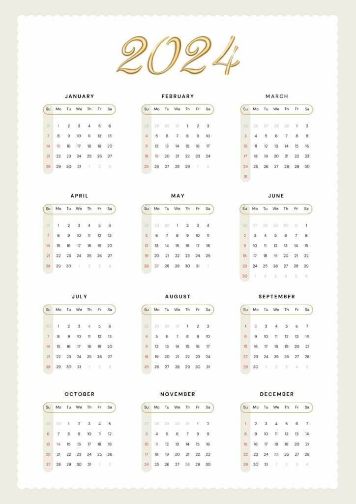 minimalistic calendar 2024 to print
