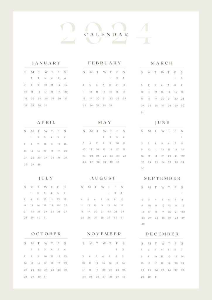 beige frame and white background printable calendar 2024