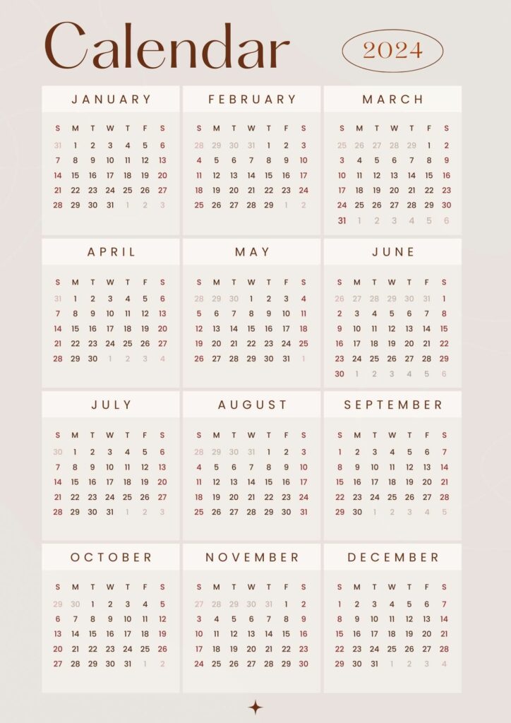 brown printable calendar 2024 to download