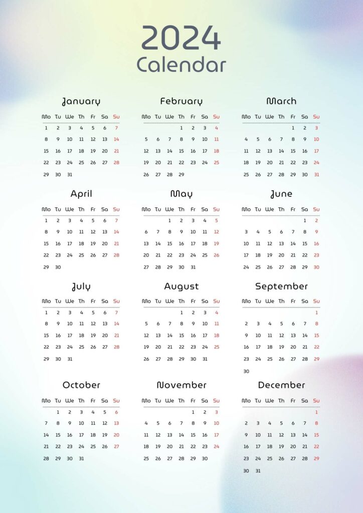 rainbow color printable calendar 2024