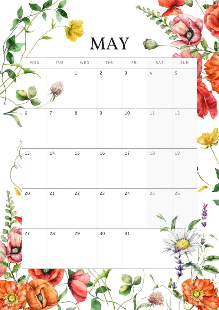 free printable may calendar flowers