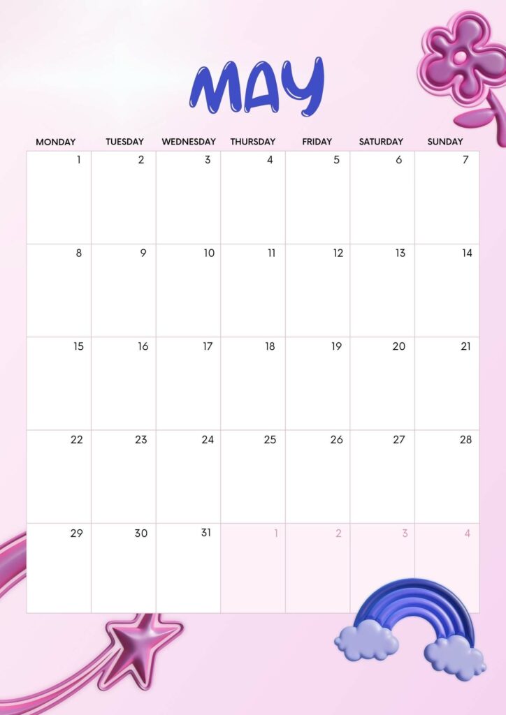 pink girly printable may calendar