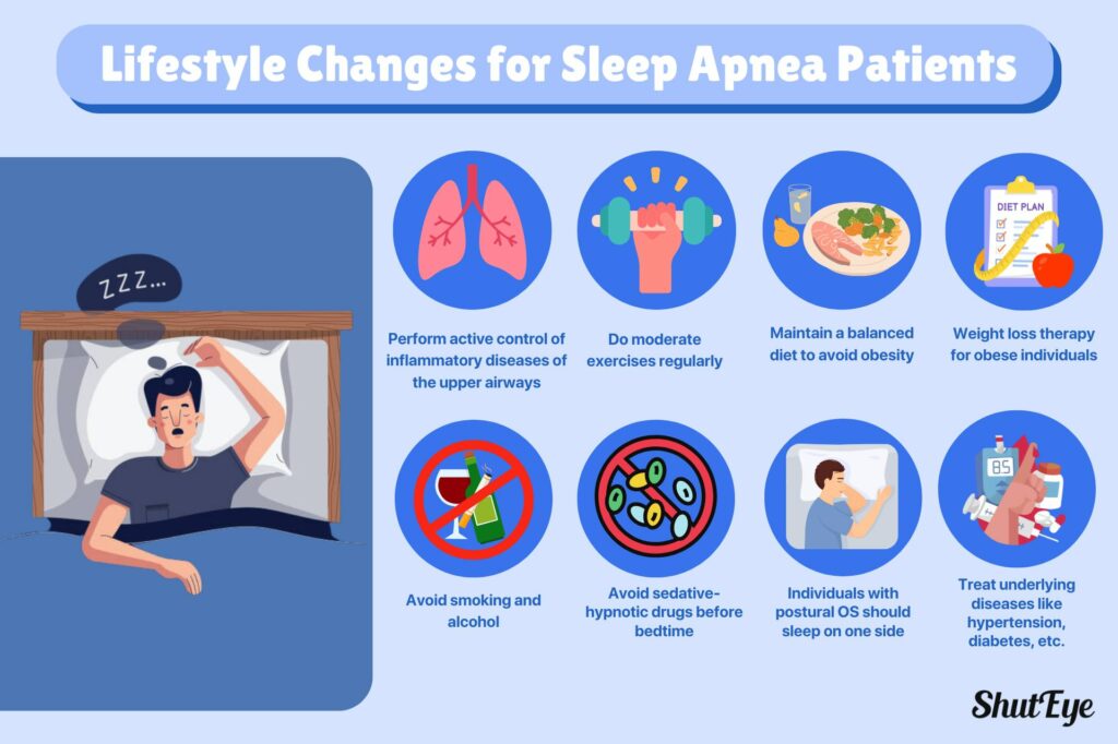 Tips for Sleep apnea patients includes changes of lifestyle such as diet, avoid smoking, weight loss and exercicing