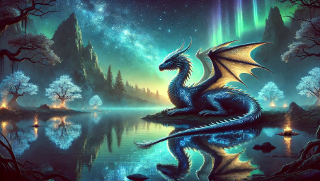 A glowing blue dragon with golden wings rests by a calm lake under a starry sky and auroras.