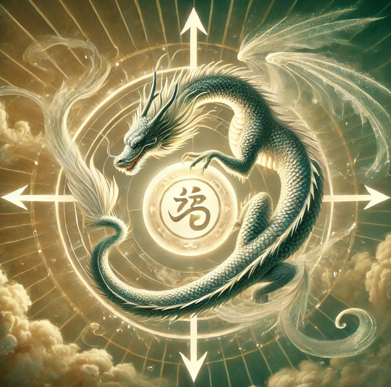 An ethereal dragon surrounded by a glowing sphere and directional arrows, symbolizing the principles of Feng Shui in combat.