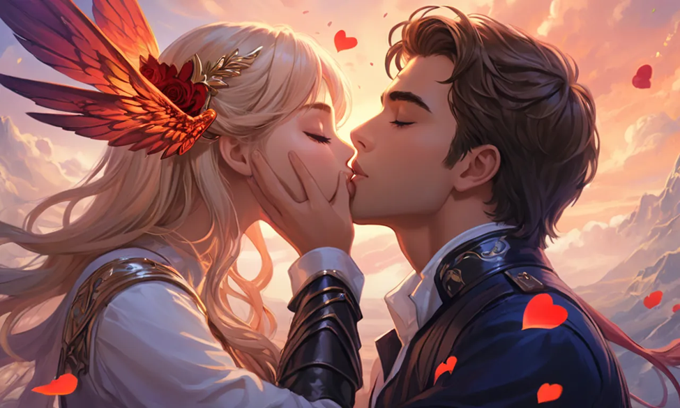 A romantic illustration of a couple kissing, featuring glowing orange wings, a floral headpiece, and heart-shaped petals floating in a dreamy sunset sky. Dream of kissing someone