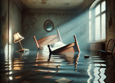 A broken bed submerged in water within a dimly lit, flooded room - dream about bed broken by water