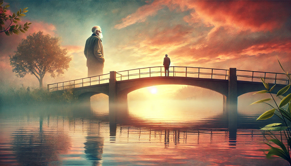 Surreal dream about an old friend standing on a bridge over a calm river at sunset. The hazy glow of the scene and reflections in the water evoke a sense of reminiscence and unresolved emotions.