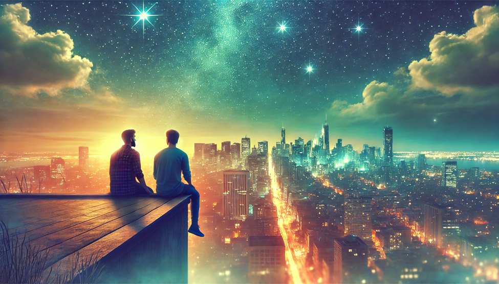 A dreamlike urban setting where two  old friends sit on the edge of a rooftop at night, overlooking a glowing cityscape. They are engaged in deep conversation under a starry sky, symbolizing trust and shared memories. dream about an old friend