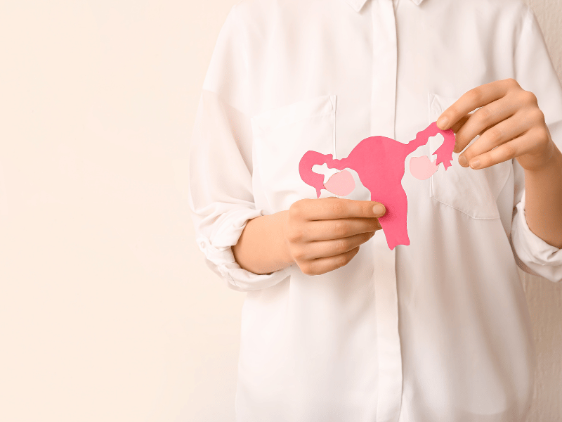 A woman with a pink paper cutout of a uterus, representing the hormonal changes and the conversation about women's greater sleep needs than men's.